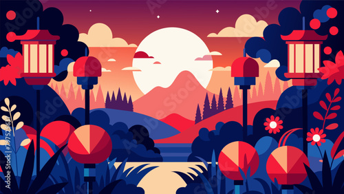 As the sun sets the garden is illuminated by the warm glow of red white and blue lanterns casting a magical ambiance over the floral display.. Vector illustration