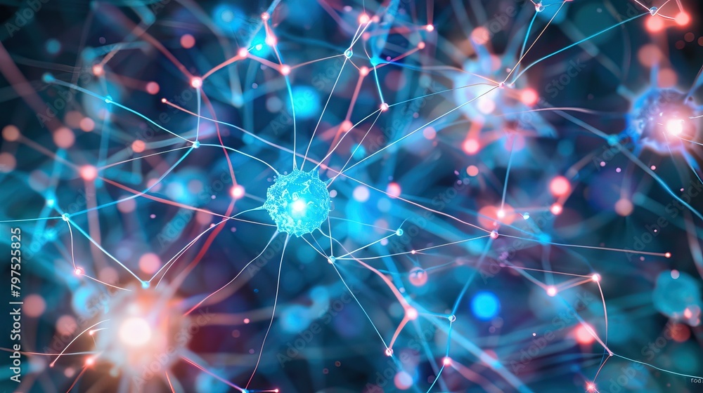 A neuron network with glowing connections in a conceptual representation of the brain's complex structure