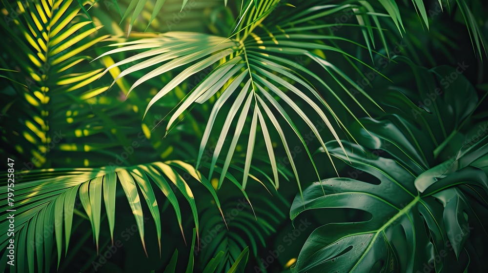 Fototapeta premium Lush green palm leaves creating a vibrant tropical texture, perfect for a natural background