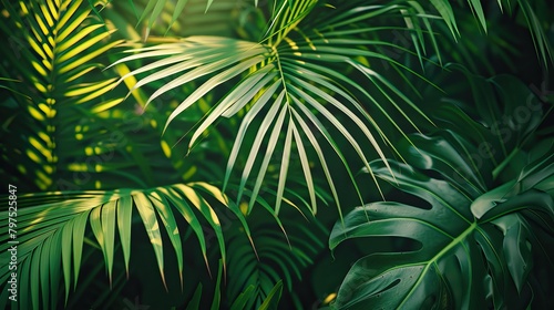Lush green palm leaves creating a vibrant tropical texture, perfect for a natural background