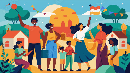 Rising Together A beautiful scenery of a community coming together to commemorate and embrace the spirit of Juneteenth with handcrafted art and. Vector illustration