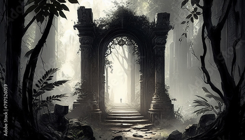 There is a dark, overgrown archway in a jungle.