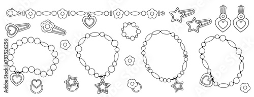 Cartoon bracelets made of beads different shapes. Cute bracelets isolated on white background. Beads bracelets, ring, hairpins,earrings black and white.