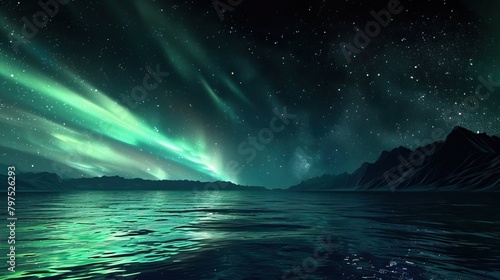 Spectacular digital artwork of Northern Lights illuminating a dark mountainous landscape with a mystic glow © velvokayd