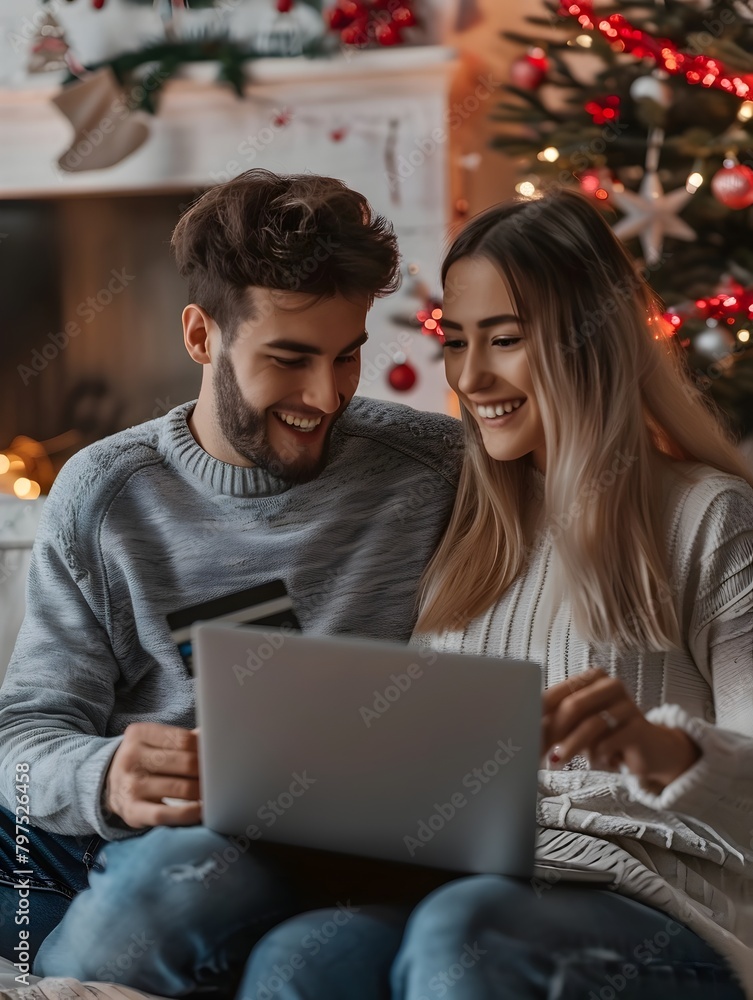 Joyful Couple Shopping Online for Christmas Gifts Amidst Festive Decor and Natural Light Joyful Couple Shopping Online for Christmas Gifts Amidst Festive Decor and Natural Light