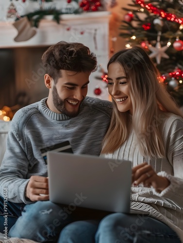 Joyful Couple Shopping Online for Christmas Gifts Amidst Festive Decor and Natural Light