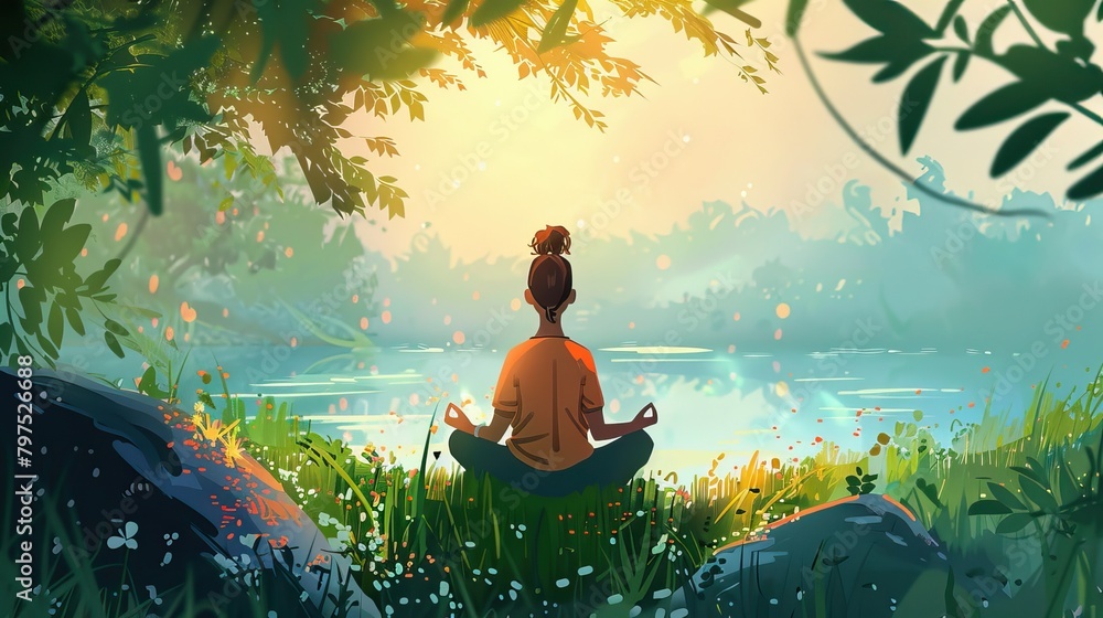 A serene image of an individual meditating by a calm lake at sunset, surrounded by the beauty of nature