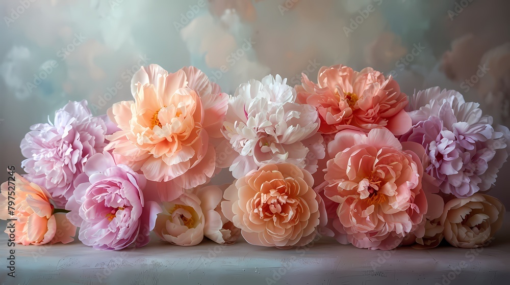 A whimsical arrangement of pastel-colored peonies, their soft petals unfurling like delicate ruffles
