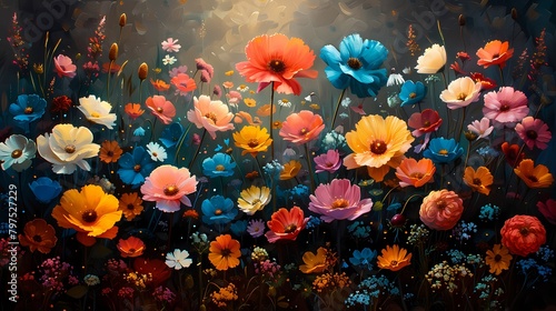 A vibrant field of wildflowers, a riot of colors with reds, blues, yellows, and purples blending together © Pareshy