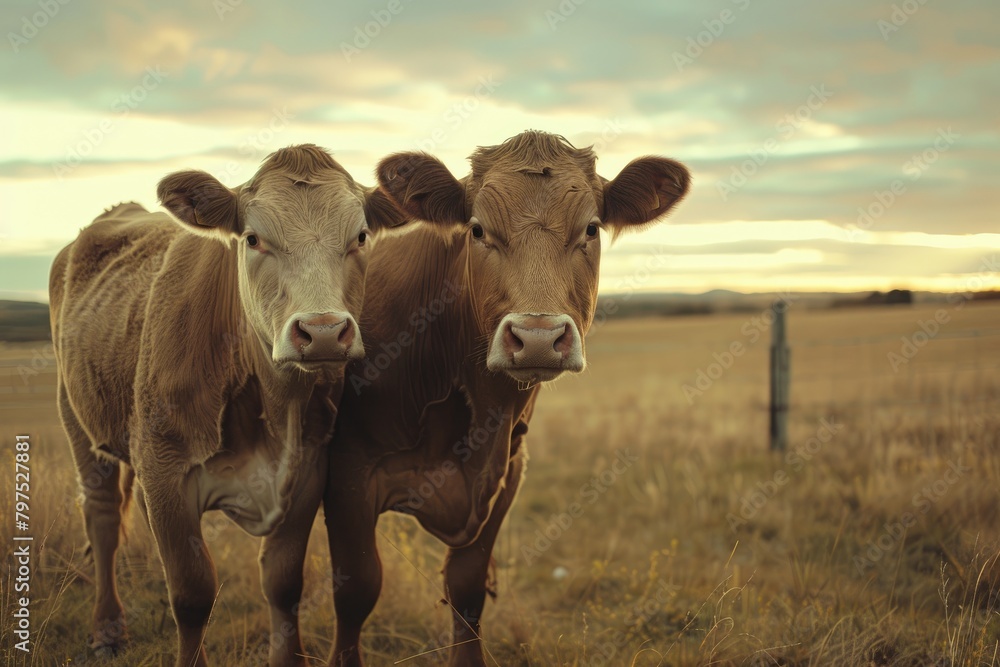 Two cows grazing in a grassy field under a cloudy sky