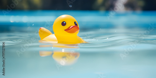 Yellow rubber duck swimming in a pool Summer holidays concept, There is a yellow rubber duck floating in a pool of water generative ai
 photo