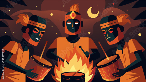 The drummers faces are illuminated by the warm glow of a bonfire creating a sense of warmth and togetherness.. Vector illustration