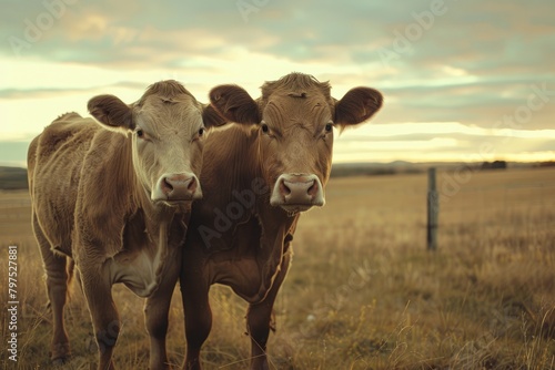 Two cows grazing in a grassy field under a cloudy sky