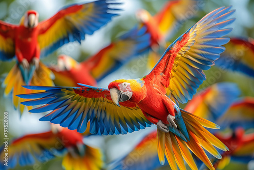 wallpaper with multicolored Psittacidae parrots (Parrots) flying with outstretched wings photo