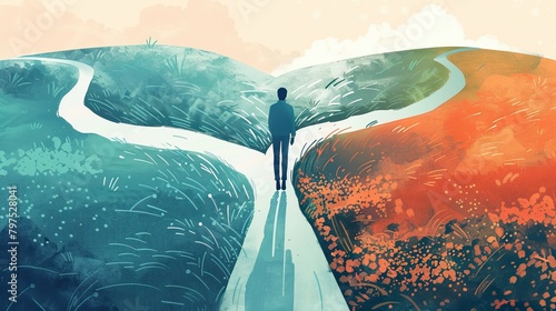 A person at a crossroads on a path splitting into two through diverse landscapes, symbolizing choice and decision in life’s journey