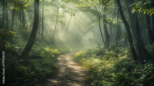 A forest path with trees and sunlight © phairot