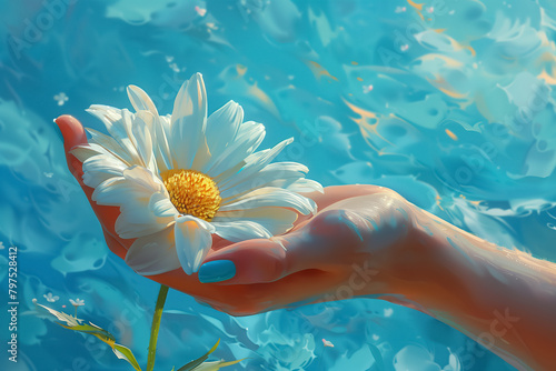 woman hand with blue nails holds a chamomile on blue background