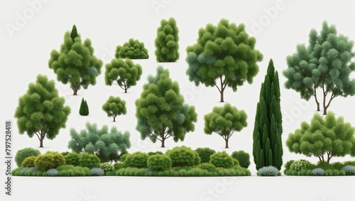 green bushes and trees on white background