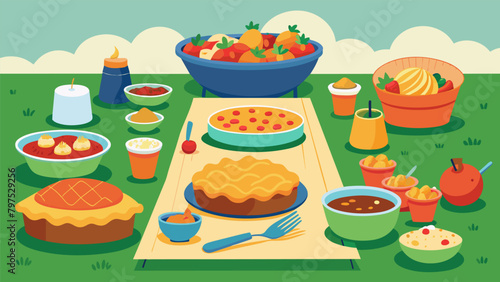 Tables filled with an abundance of side dishes and desserts ranging from cornbread to peach cobbler adding even more flavors to the Juneteenth. Vector illustration