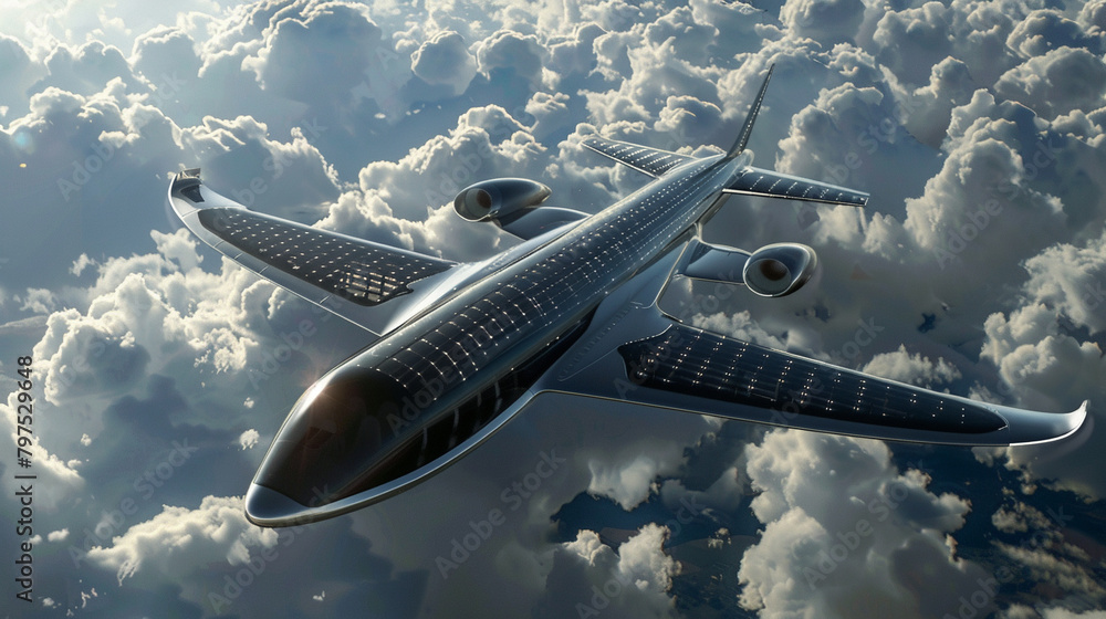 Fototapeta premium Show a futuristic vision of an airplane with wings featuring sleek, integrated solar panels, hyper realistic, low noise, low texture