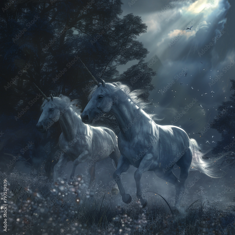 Fototapeta premium Sinister shadows looming over galloping unicorns, hyper realistic, low noise, low texture