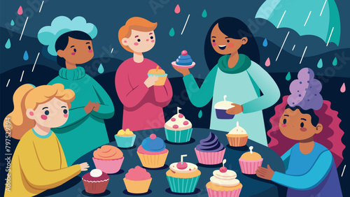 In the kitchen guests eagerly take turns decorating and decorating cupcakes with colorful frosting and sprinkles at a fun and delicious rainy
