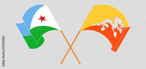 Crossed and waving flags of Djibouti and Bhutan