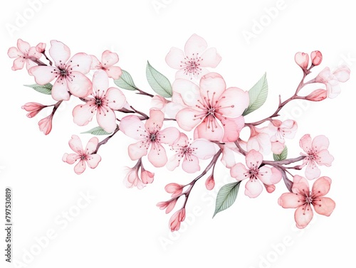 Trompe loeil watercolor cherry blossom made to look like delicate embroidery or lacework photo