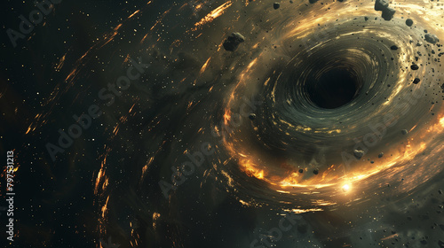 a black hole, with its swirling accretion disk and gravitational lensing effects distorting spacetime.