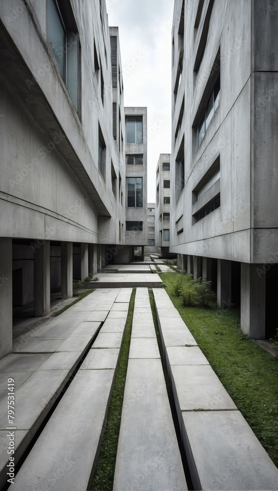 Abstract urban landscape with concrete buildings and linear perspectives.