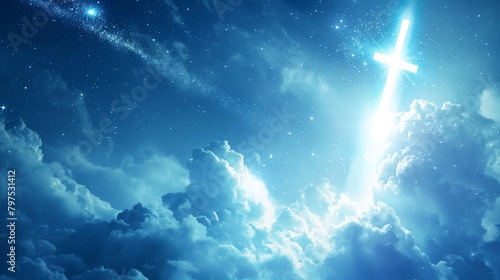  a blue sky with white clouds and a glowing white cross in the center. There are stars in the background.  