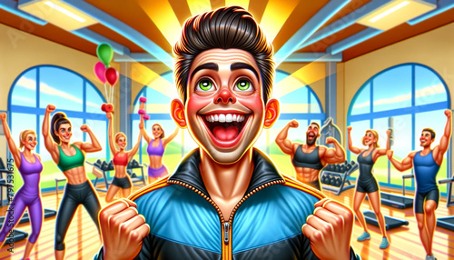 Colorful caricature of a fitness trainer in a gym, radiating joy . Cartoon Professions