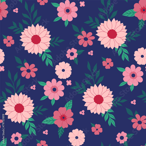 Seamless pattern of pink flowers on a blue background. Vector graphics. © Екатерина Зирина