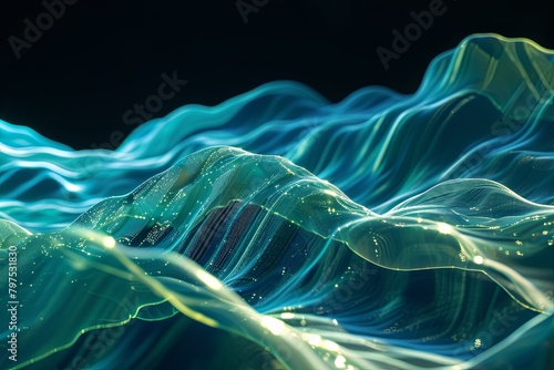 3D Light Wave Synthesis: Glowing Aquatic Waves of Digital Brilliance photo