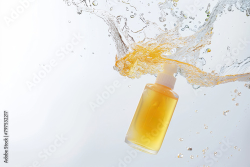 A beauty cosmetic bottle dropping into water. face or body serum product mock up