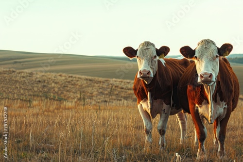 Two cows grazing in a grassy field under a cloudy sky photo