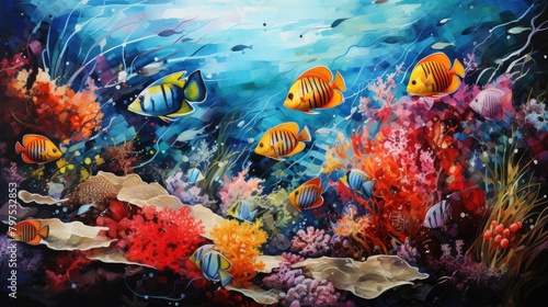 a picture intricate watercolor composition depicting a variety of tropical fish in a vibrant coral reef ecosystem  AI Generative