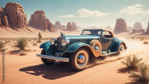 Antique car racing through a retro-futuristic desert landscape.