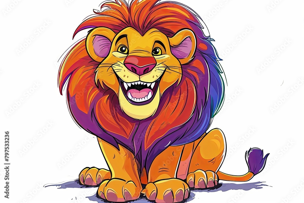 Laughing Lion: Colorful Cartoon Illustration with Large Mane and Bright Colors Laughing Lion: Colorful Cartoon Illustration with Large Mane and Bright Colors