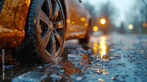 Image of car wheel with flat tire on the road. Illustration of an accident, damage, breakdown. Close-up, selective focus. photo