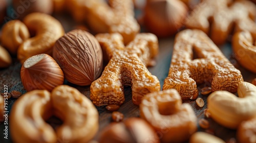 Healthy food concept using hazelnuts with vitamin and mineral letter designations. photo