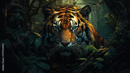 A stylized and dynamic illustration depicting a fierce and majestic tiger in its natural habitat