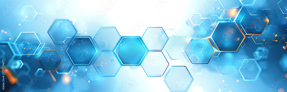 Abstract blue geometric hexagon shapes on white background with space for your text. Futuristic technology and science concept. Modern geometric overlay hexagon wide banner Abstract blue geometric hexagon shapes on white background with space for your text. Futuristic technology and science concept. Modern geometric overlay hexagon wide banner