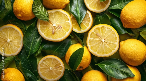 top view of lemons on leaves background