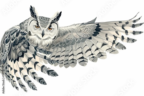 In Flight: Grey and White Owl Digital Illustration with Feather Pattern