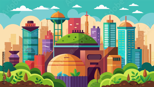 A city skyline with a large composting facility towering in the background showing the scale and impact of urban composting efforts on a larger