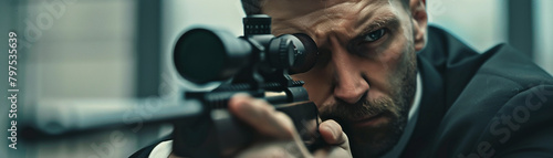 A assassin concentrating as he lines up a shot with a sniper rifle. business concept