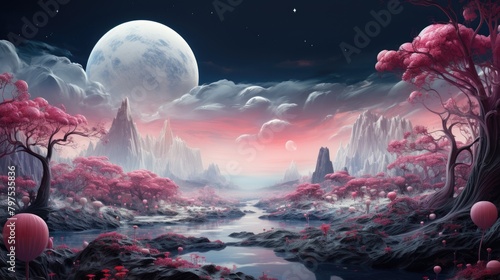 A surreal and dreamlike landscape filled with psychedelic elements. with a fantastical world with floating islands, swirling clouds, and vibrant flora photo