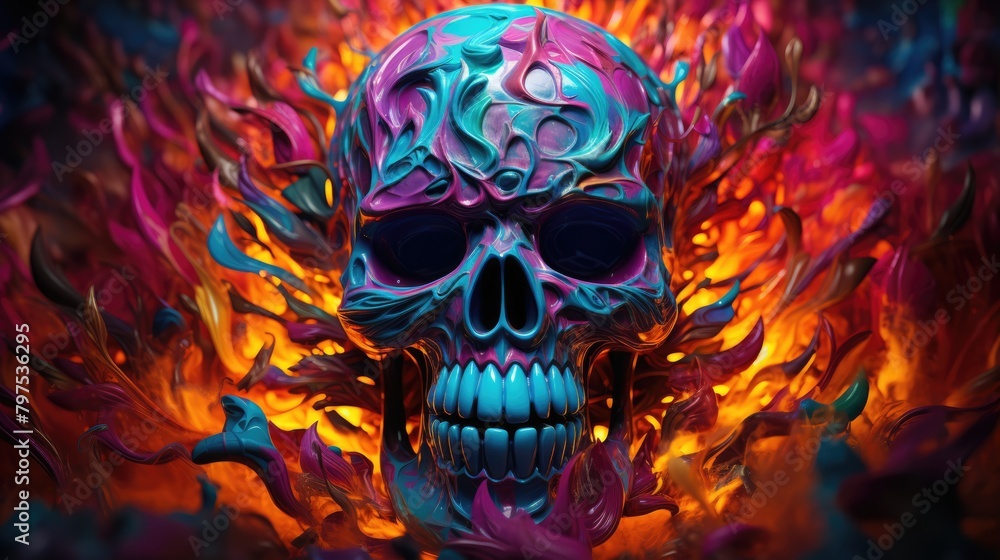 a illustration burning skull with fire background, AI Generative