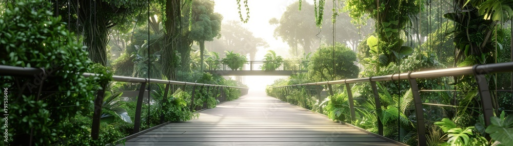 A bridge over a forest with trees on either side A bridge over a forest with trees on either side